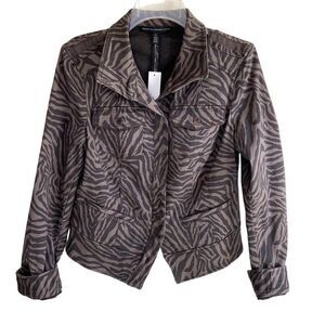 White House Black Market Printed Band Jacket Chocolate Brown Zebra Print Size 8